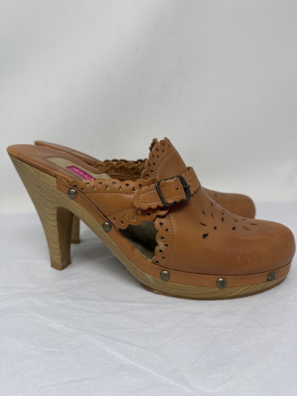 Isaac Mizrahi Target collab Leather Clog Heels Brown Buckle Mule Wooden Platform